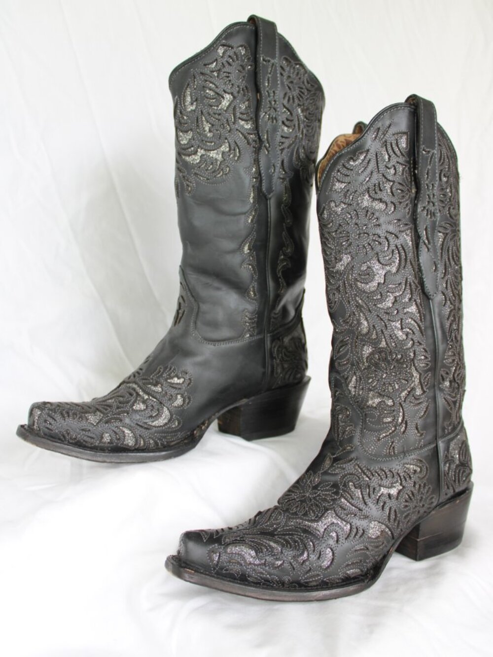 Corral SILVER meatllic GLITTER INLAY BLACK SNIP TOE COWBOY Boot Leather $288 8.5